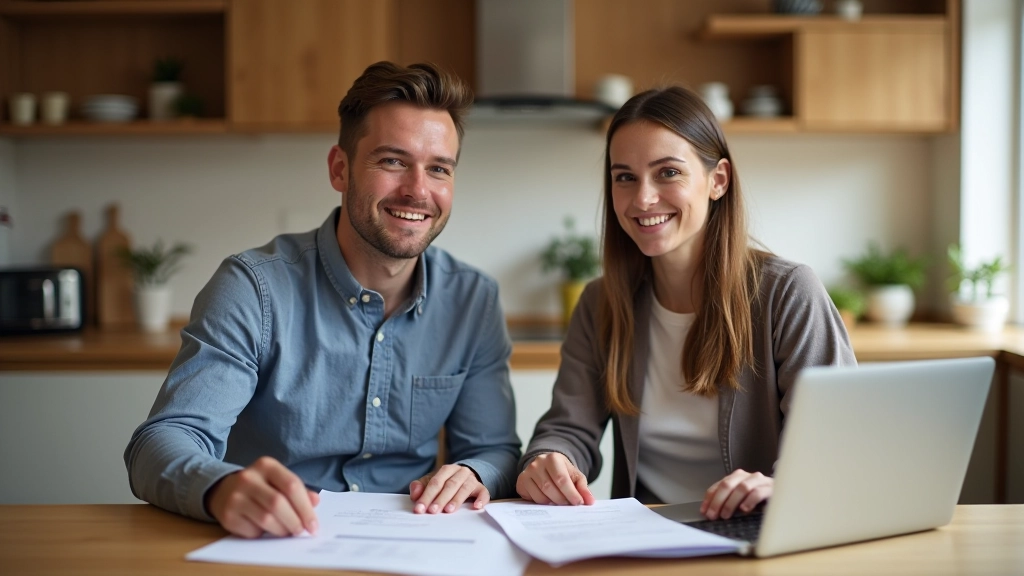 Couple reviewing financial documents and mortgage calculator at kitchen table with laptop