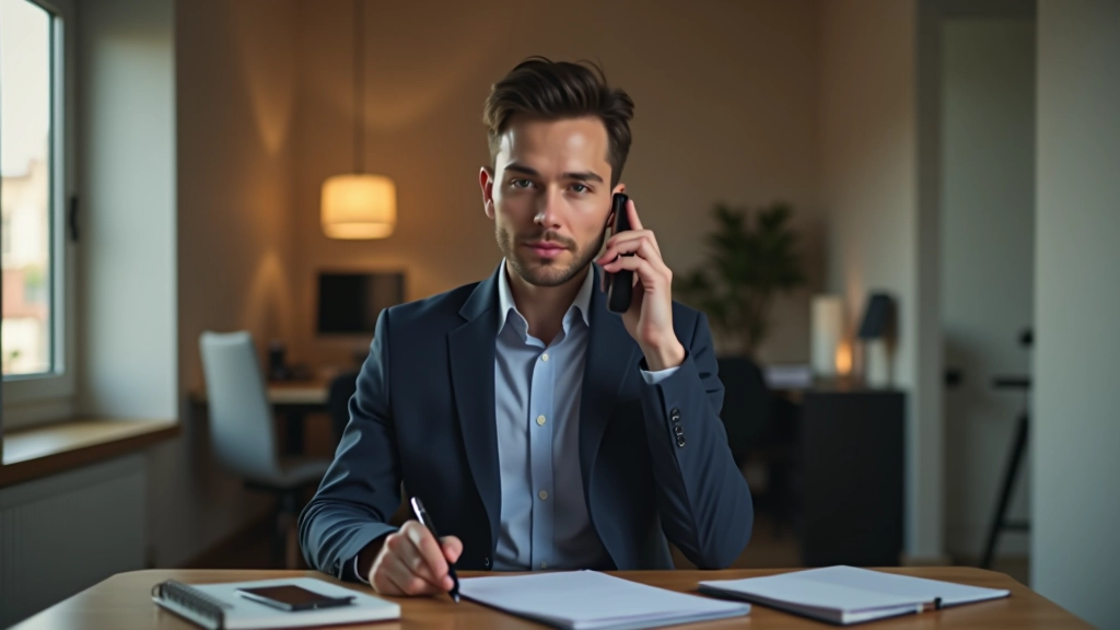 Real estate agent having phone conversation with notes on desk, professional home office setting with calendar visible