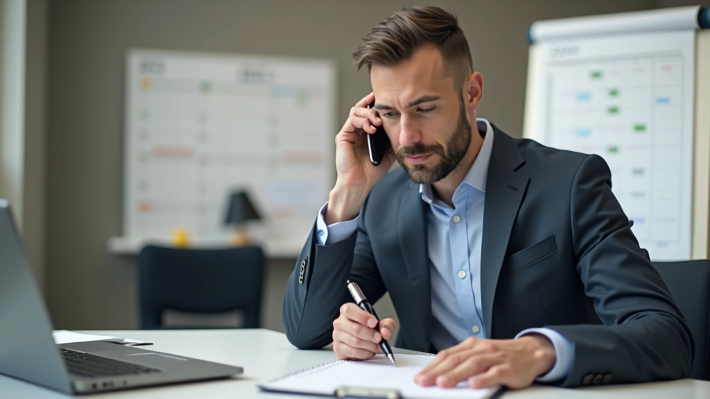 Real estate agent taking notes during client consultation call, professional workspace with calendar and property information visible