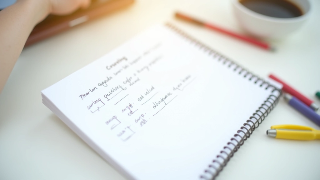 Notebook with handwritten scoring criteria, colored pens, and calculation notes on wooden table