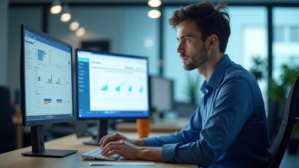 Person working with spreadsheet on dual monitors, formula bar visible, analytical workspace setup