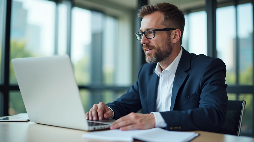 Real estate agent reviewing lead data on laptop at modern desk, analytical focus, bright office lighting