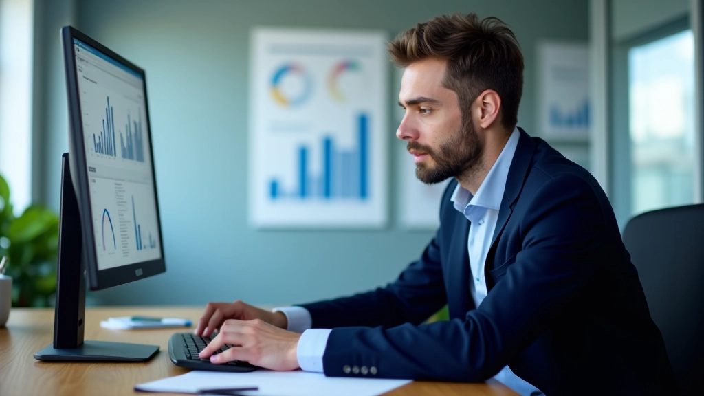 Real estate agent analyzing market data and property listings on computer screen in modern office