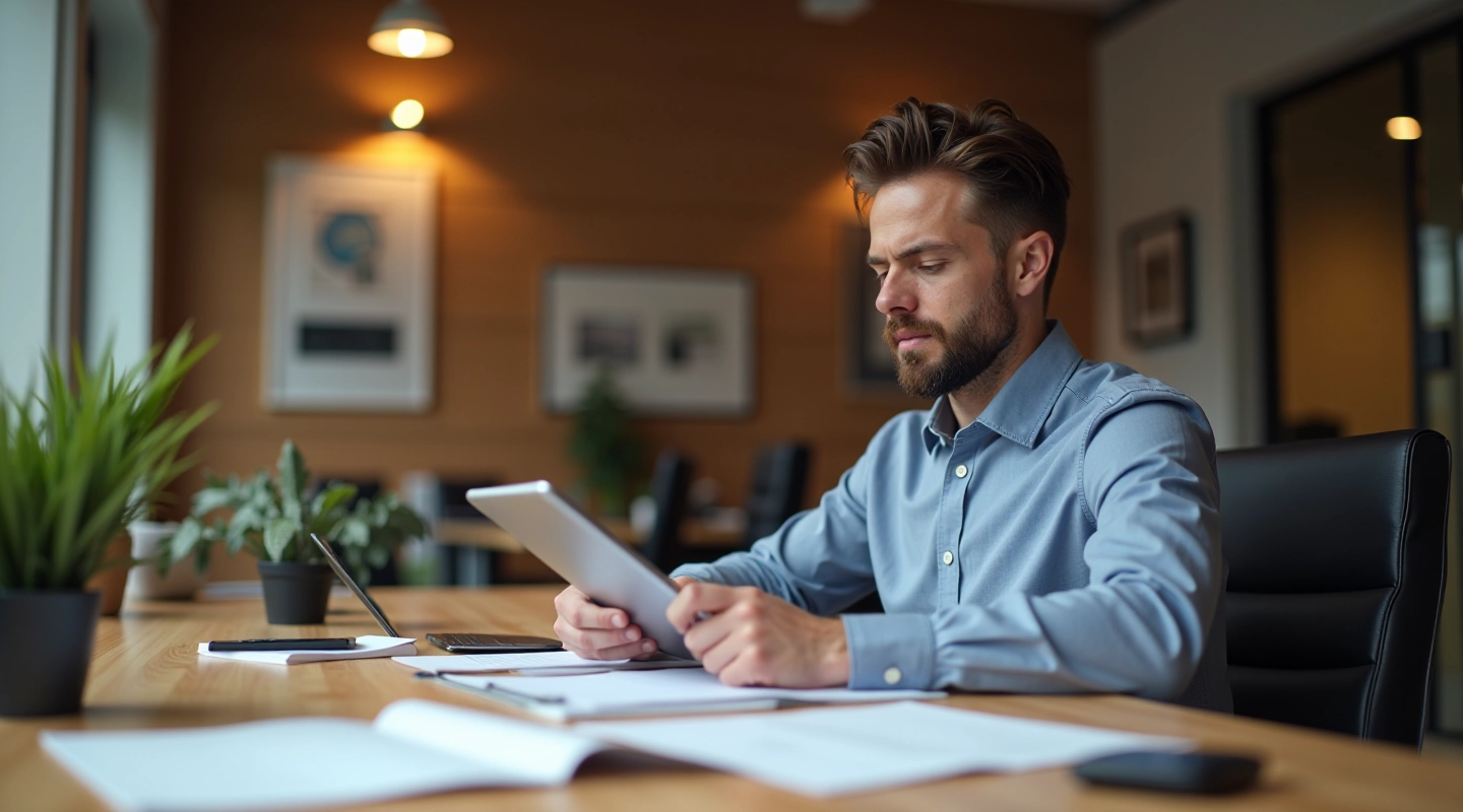 Real estate agent reviewing client information and notes at desk with tablet and papers