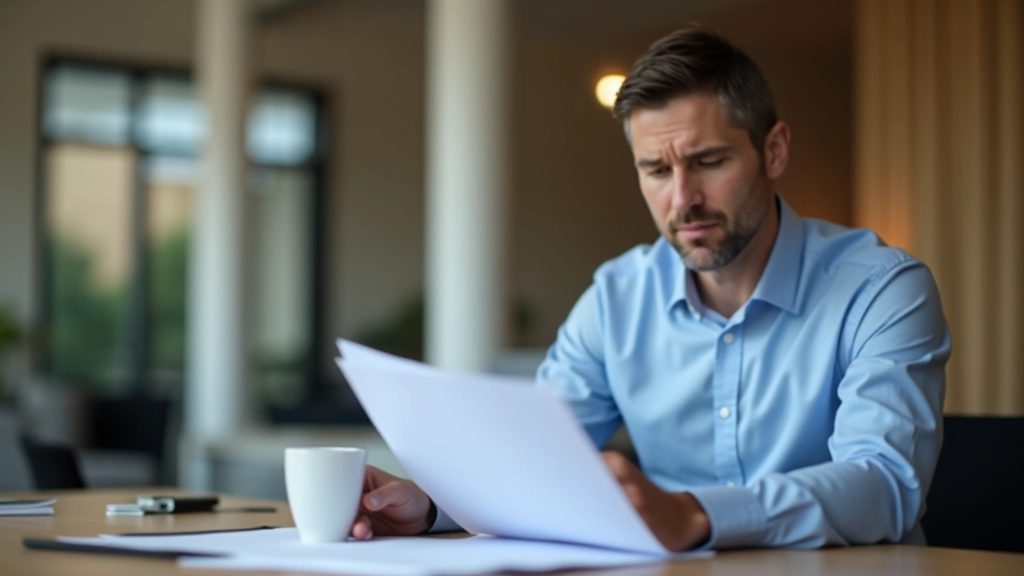 Real estate professional reviewing property documents and market analysis reports at wooden desk