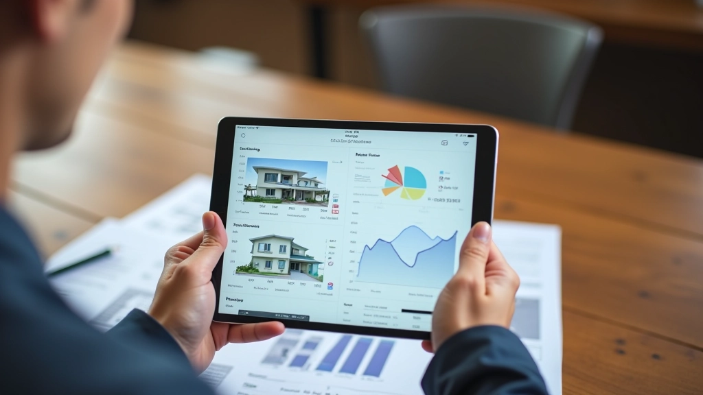 Real estate market analysis with property listings and comparative market data displayed on tablet device